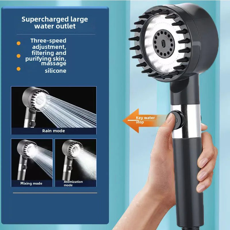 High-Pressure Shower Head with 3 Adjustable Spray Modes and Massage Brush - Rainfall Faucet Bathroom Accessory