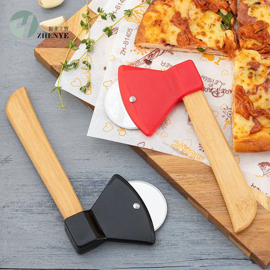 Stainless Steel Pizza Cutter Kitchen Restaurant Pizza Axel Tool Axe Pizza Cutter with Bamboo Handle and Sharp Rotating Blade