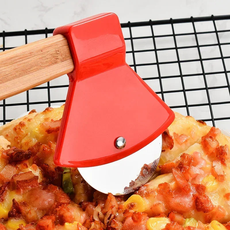 Stainless Steel Pizza Cutter Kitchen Restaurant Pizza Axel Tool Axe Pizza Cutter with Bamboo Handle and Sharp Rotating Blade