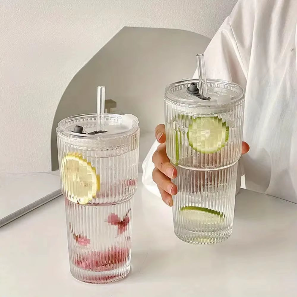 600Ml Stripe Glass Cup with Lid and Straw Transparent Drinking Glasses for Juice Water and Iced Coffee Cups Mug Drinkware