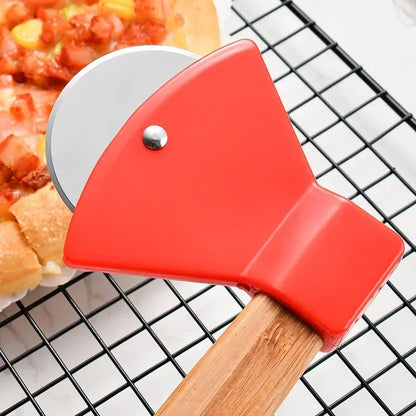 Stainless Steel Pizza Cutter Kitchen Restaurant Pizza Axel Tool Axe Pizza Cutter with Bamboo Handle and Sharp Rotating Blade