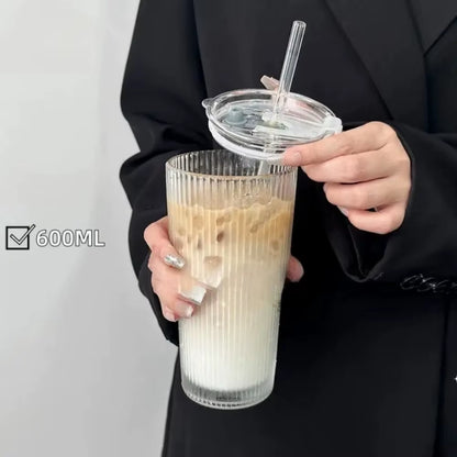 600Ml Stripe Glass Cup with Lid and Straw Transparent Drinking Glasses for Juice Water and Iced Coffee Cups Mug Drinkware