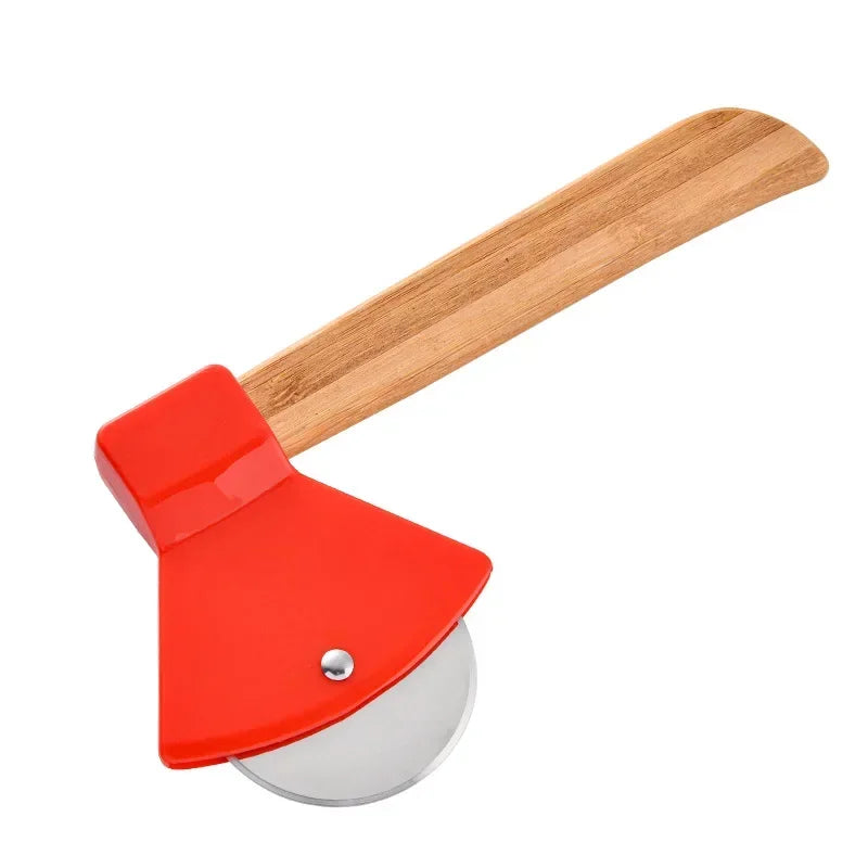 Stainless Steel Pizza Cutter Kitchen Restaurant Pizza Axel Tool Axe Pizza Cutter with Bamboo Handle and Sharp Rotating Blade