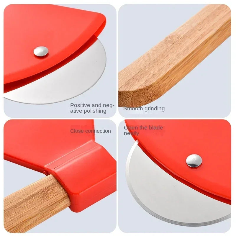 Stainless Steel Pizza Cutter Kitchen Restaurant Pizza Axel Tool Axe Pizza Cutter with Bamboo Handle and Sharp Rotating Blade